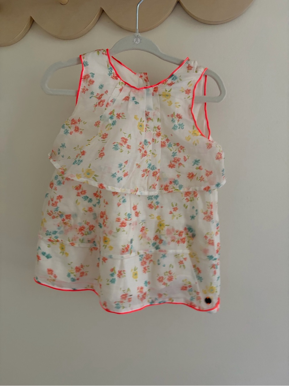 Ikks White Floral Ruffle Tank with Neon Pink Trim